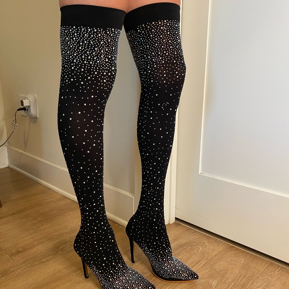 CRYSTAL FABRIC HIGH HEEL BOOTS